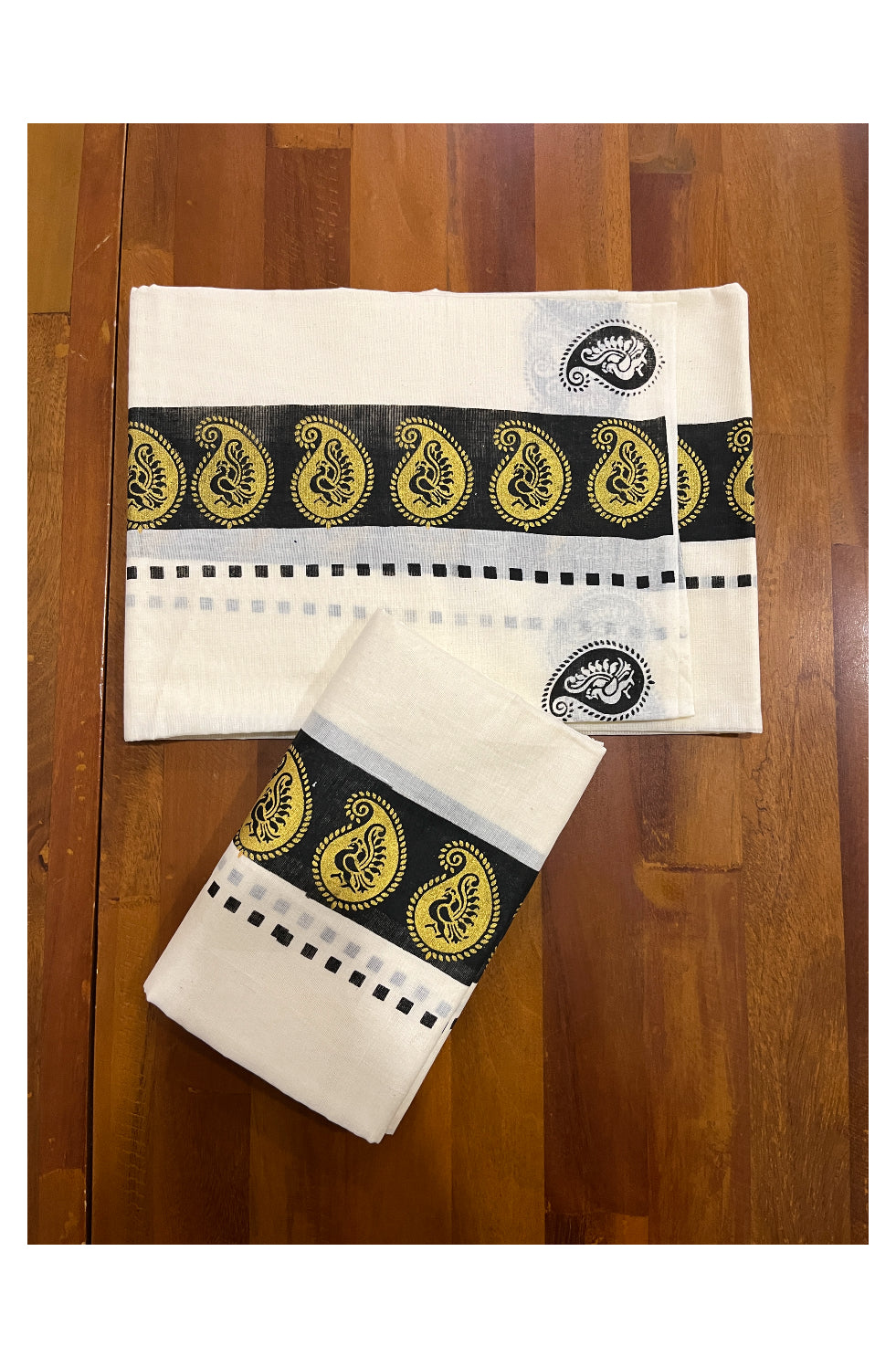 Kerala Cotton Set Mundu (Mundum Neriyathum) with Golden Paisley Block Prints on Black Border 2.80 Mtrs