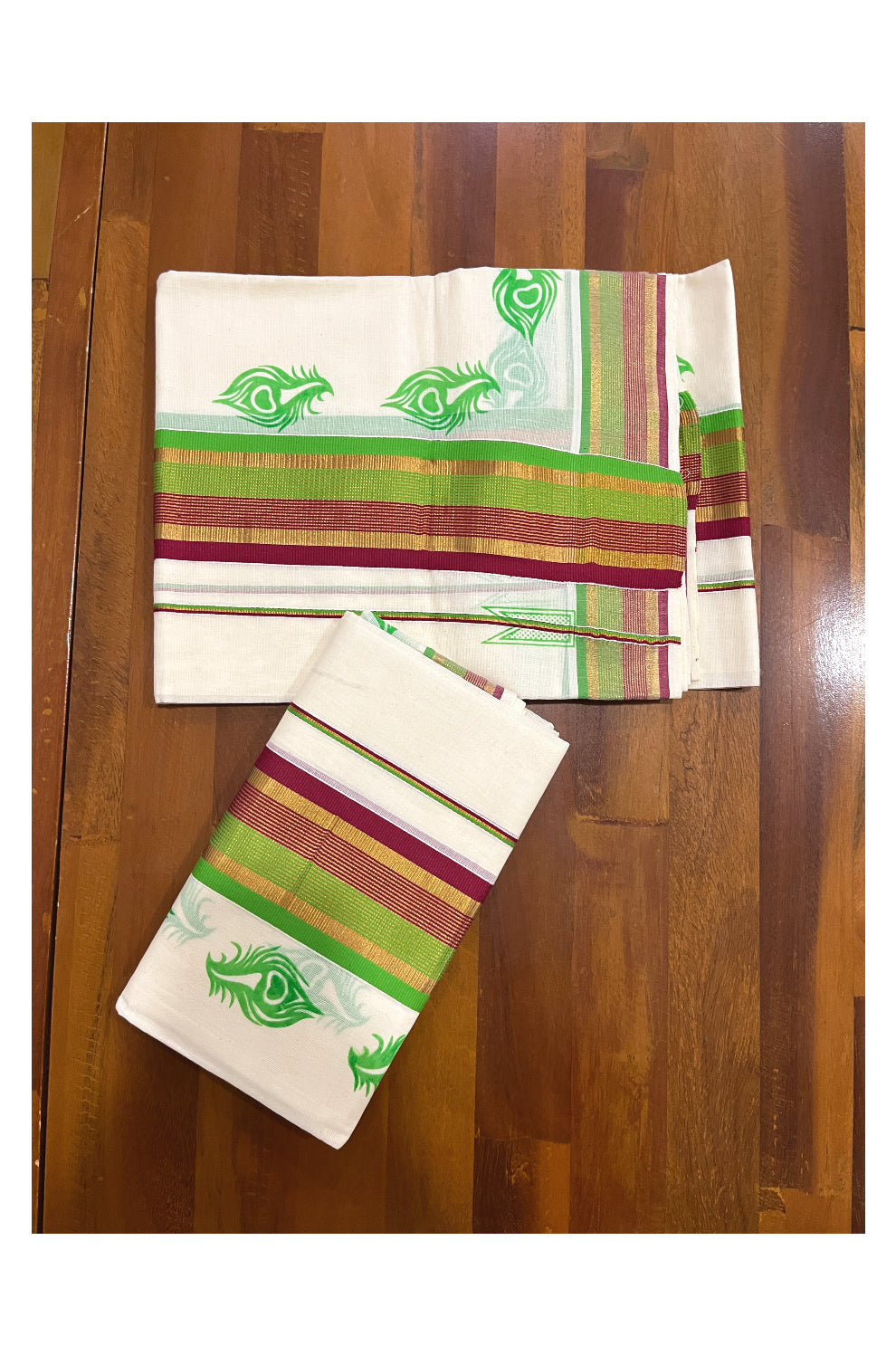 Pure Cotton Kasavu Single Set Mundu (Mundum Neriyathum Vishu 2023) with Green Feather Block Prints and Maroon Green Border