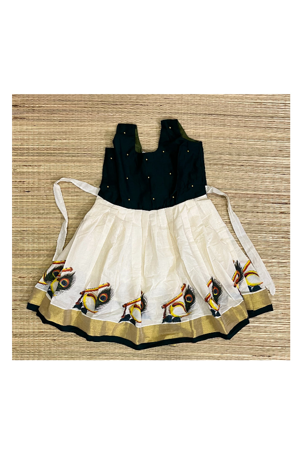 Southloom Kerala Kasavu Frock with Bead Work & Feather Mural Design (Age- 5 Year)