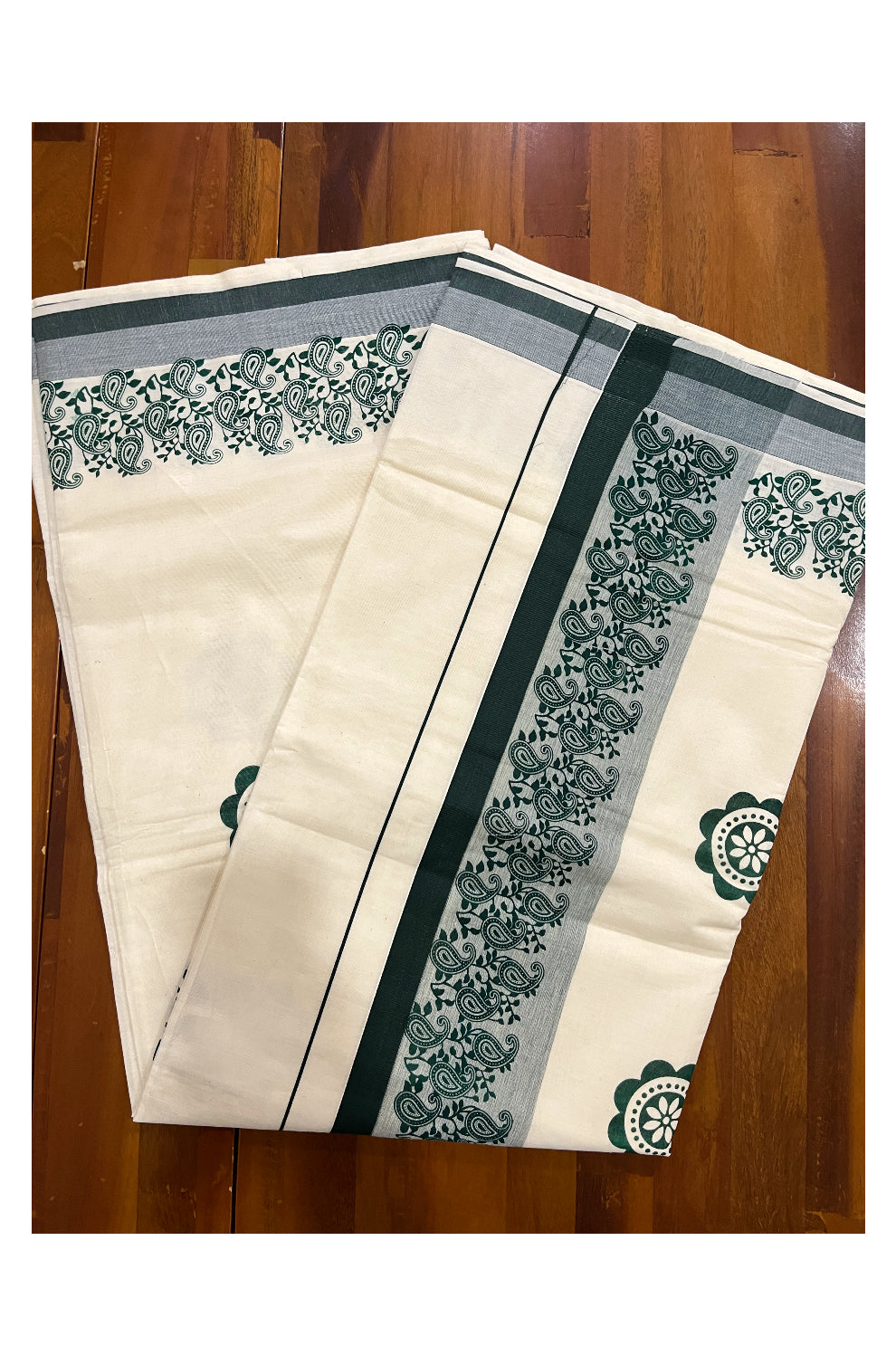 Pure Cotton Off White Kerala Saree with Green Paisley Block Prints on Border