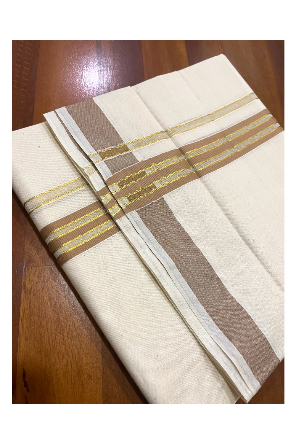 Pure Cotton Off White Double Mundu with Brown and Kasavu Kara (South Indian Dhoti)