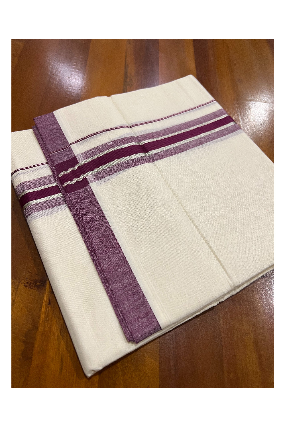 Pure Cotton Off White Double Mundu with Silver Kasavu and Maroon Border (South Indian Dhoti)