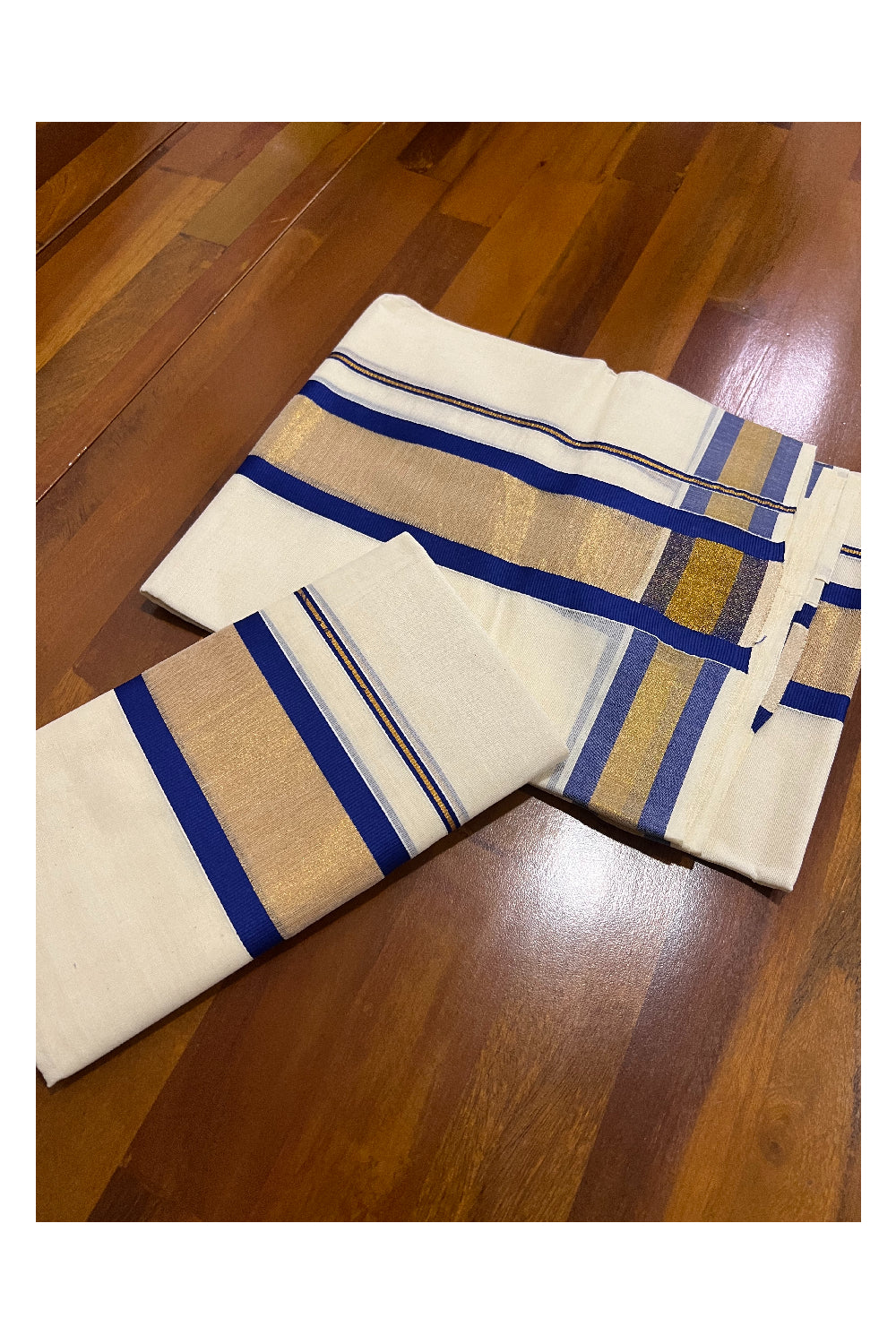 Kerala Cotton Set Mundu (Mundum Neriyathum) with Kasavu and Dark Blue Border