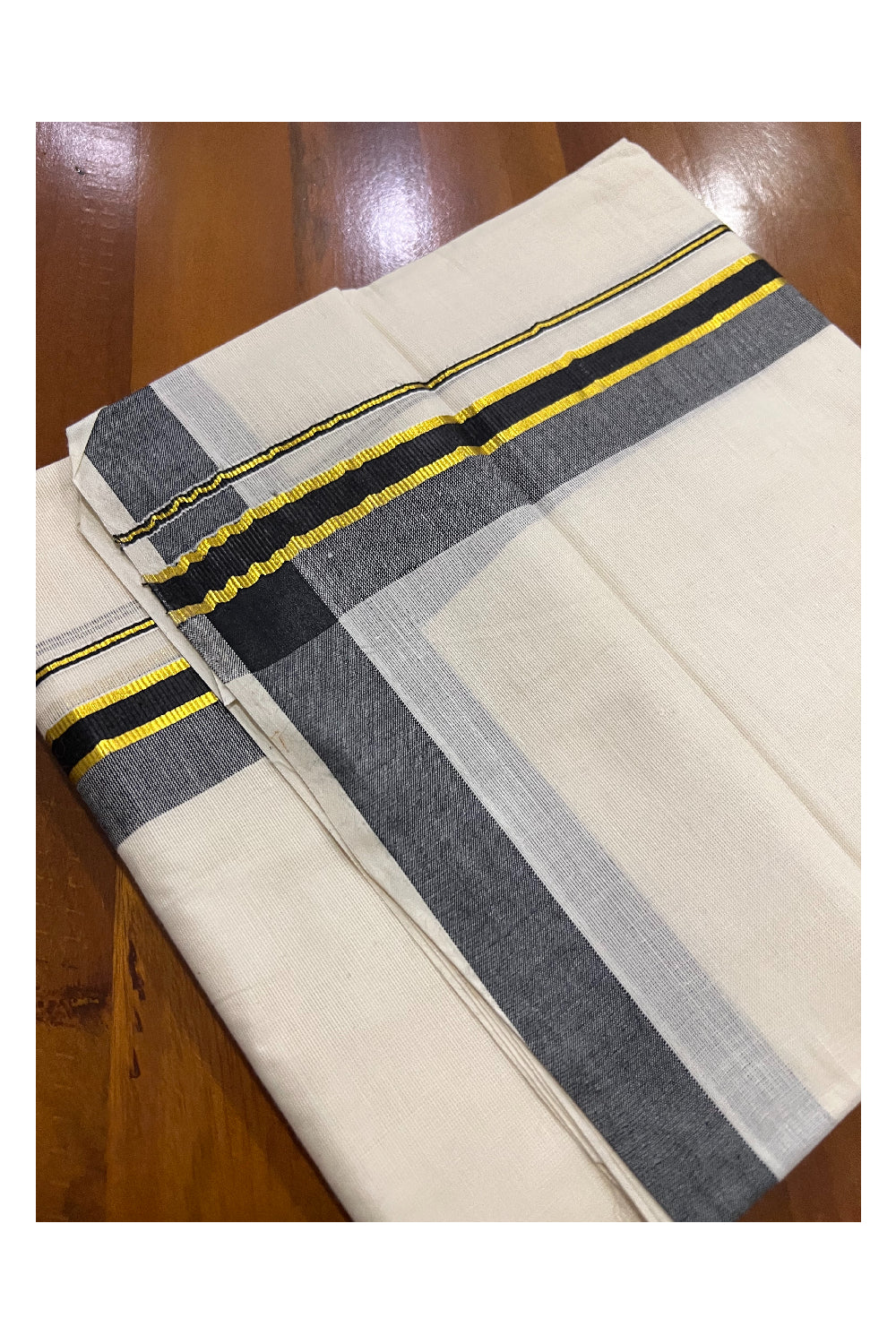 Off White Pure Cotton Double Mundu with Kasavu and Black Kara (South Indian Dhoti)