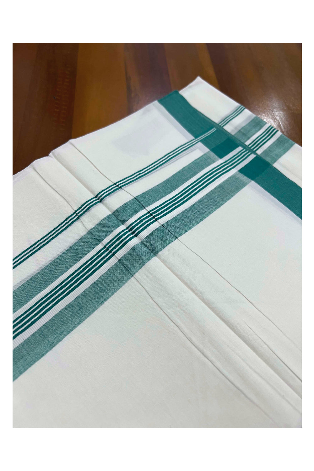 Pure White Cotton Mundu with Green Kara (South Indian Dhoti)