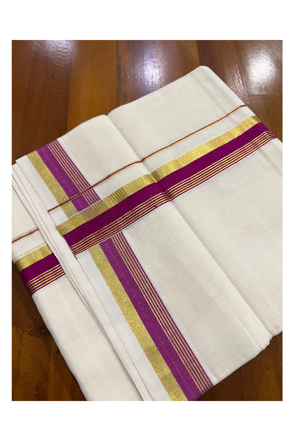 Southloom Premium Handloom Pure Cotton Mundu with Magenta and Kasavu Border (South Indian Dhoti)