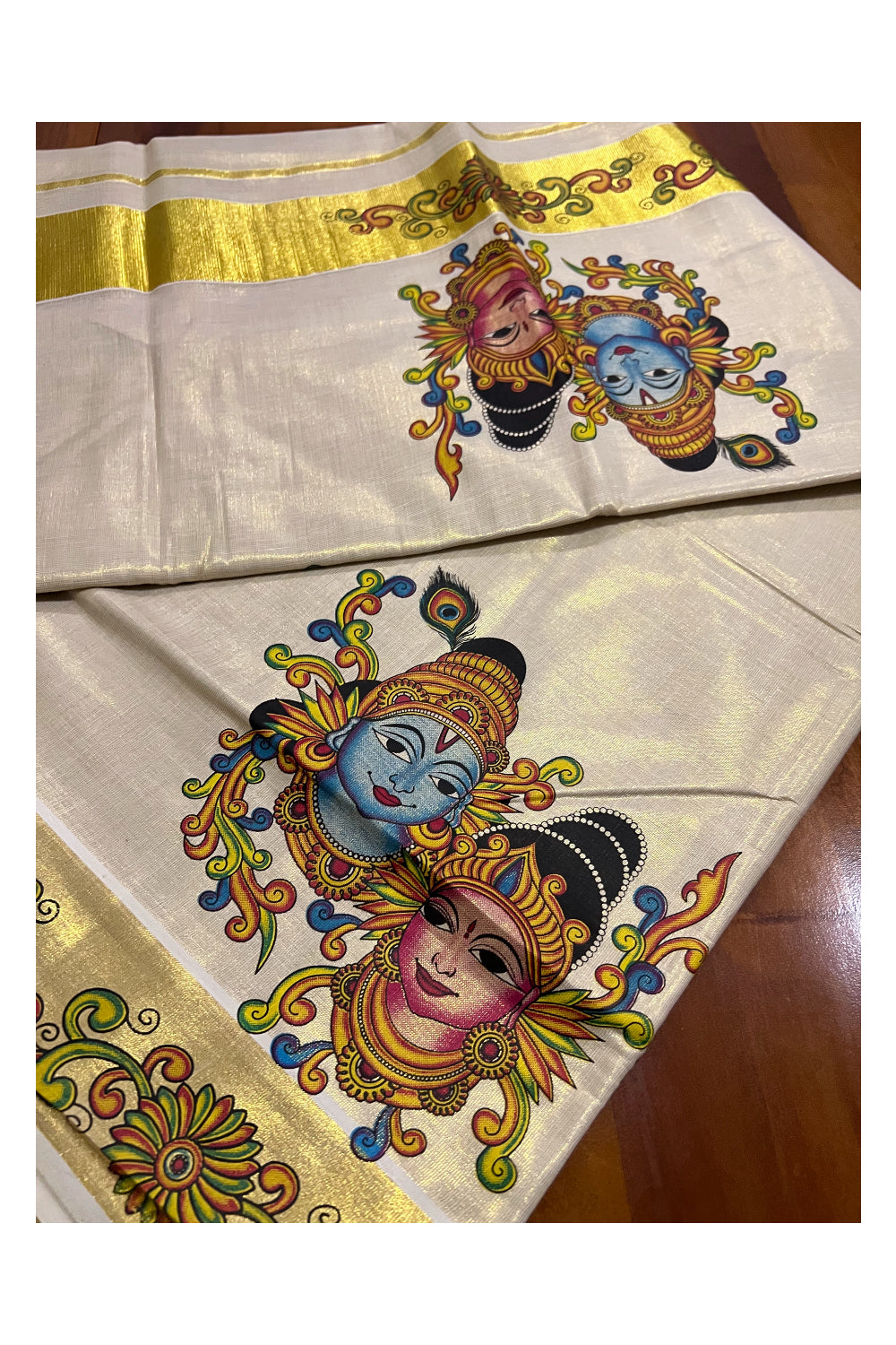 Kerala Tissue Kasavu Saree With Mural Printed Krishna Radha Design and Floral Works on Border