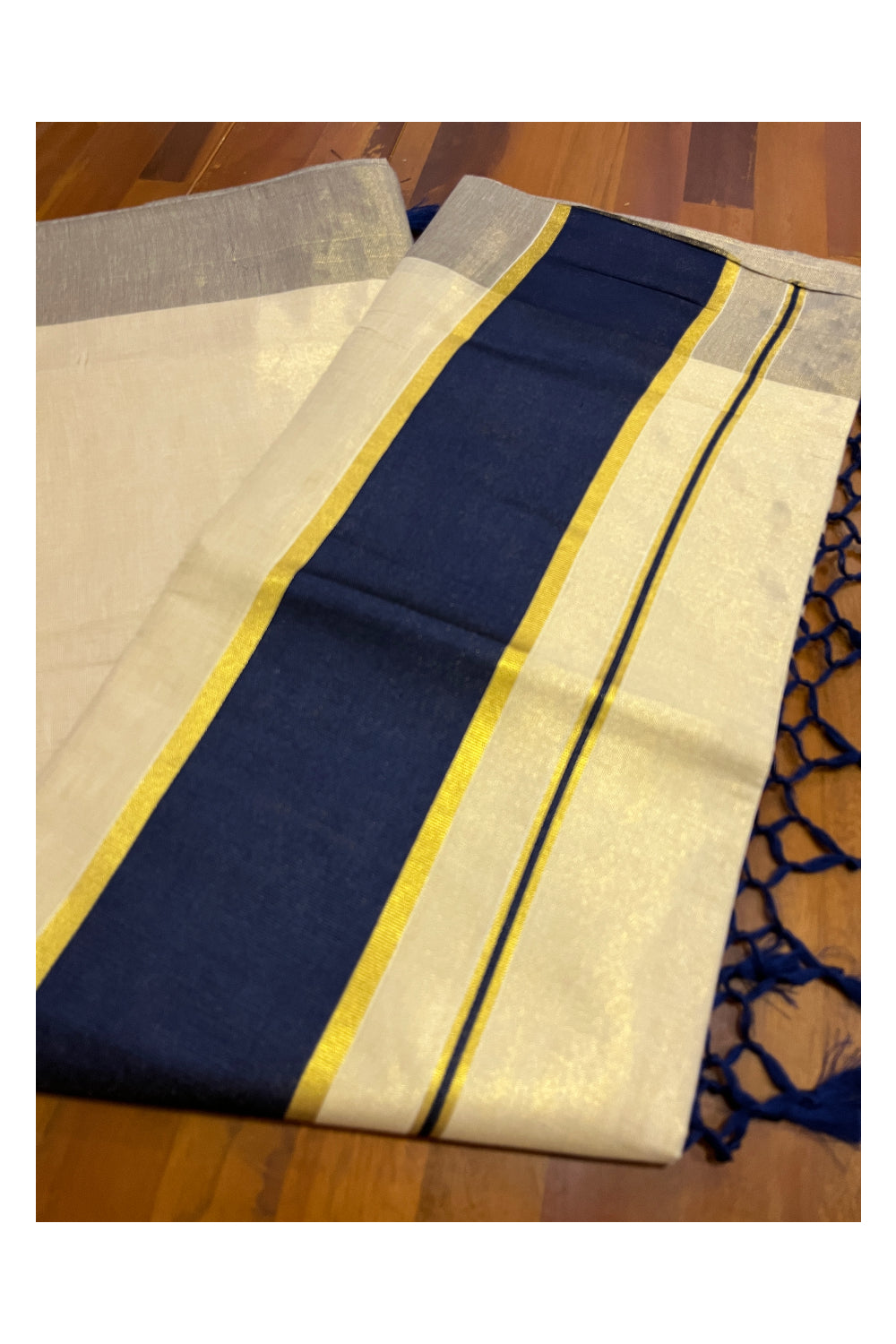 Kerala Kasavu Tissue Plain Saree with Navy Blue and Kasavu Border (Onam Saree 2023)