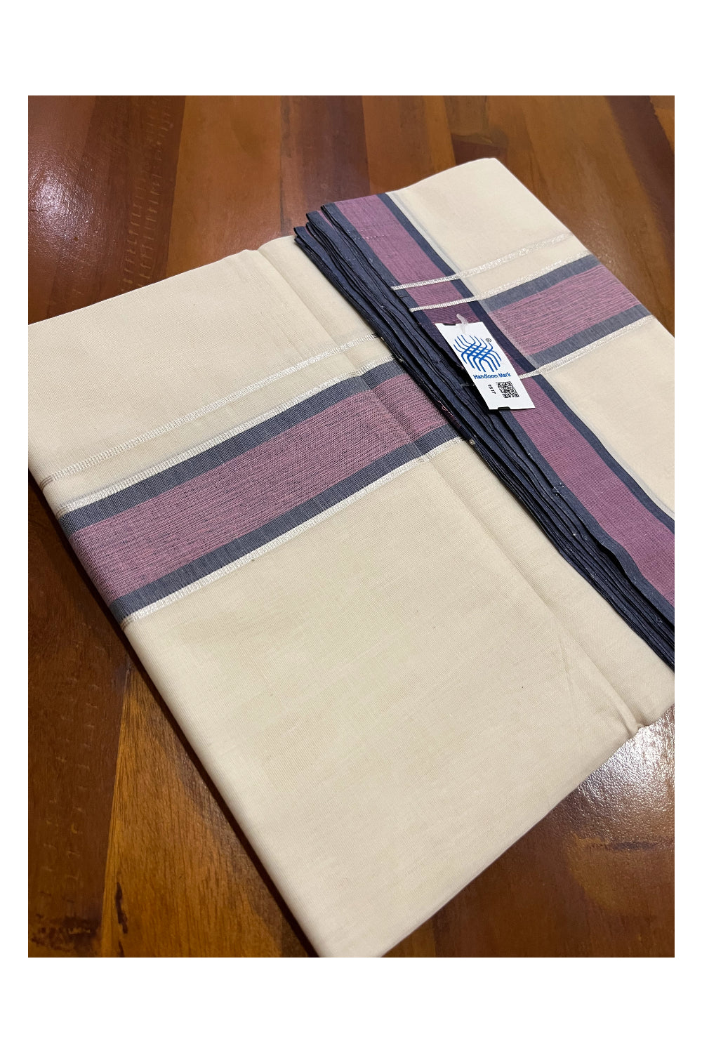 Southloom Premium Unakkupaavu Handloom Wedding Mundu with Pink Grey and Silver Kasavu Border