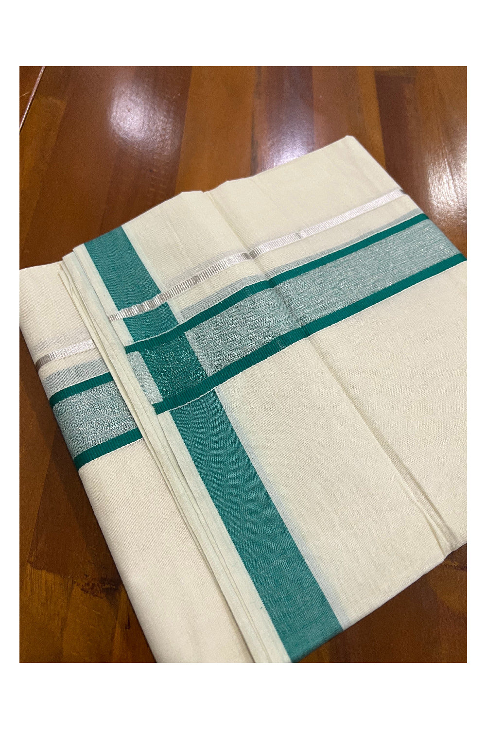 Pure Cotton Off White Double Mundu with Silver Kasavu and Green Border (South Indian Dhoti)