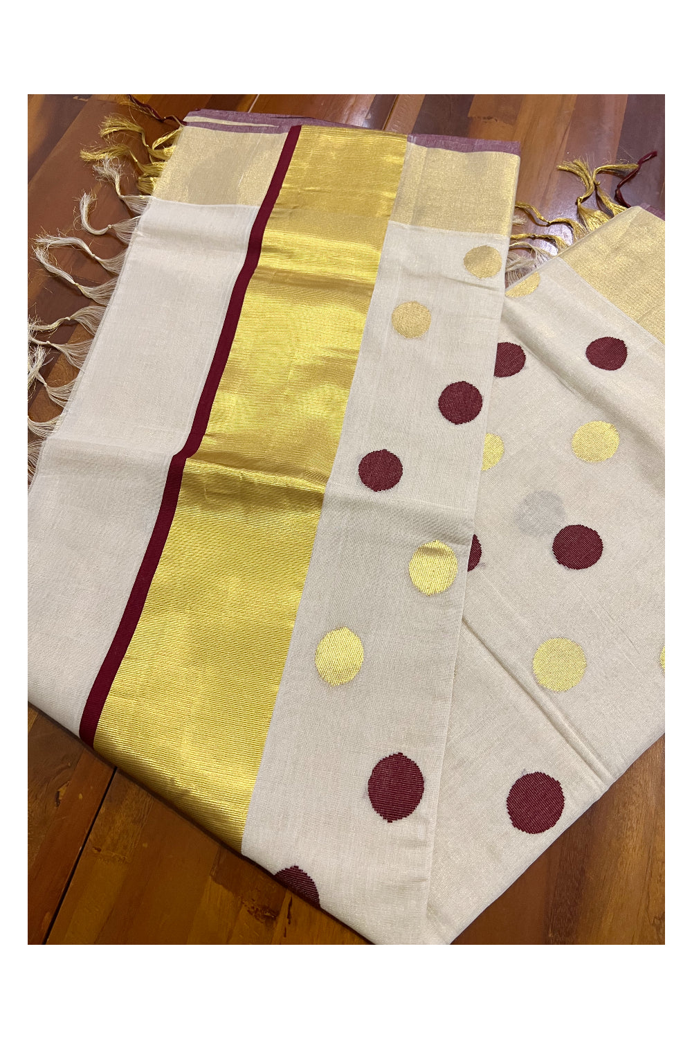 Southloom Premium Handloom Tissue Kasavu and Maroon Polka Work Saree