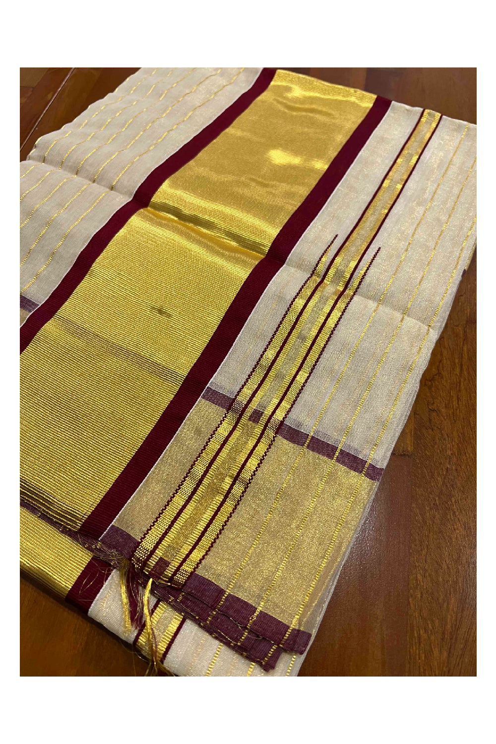 Southloom Premium Kuthampully Handloom Stripes Work Tissue Saree with Maroon Border