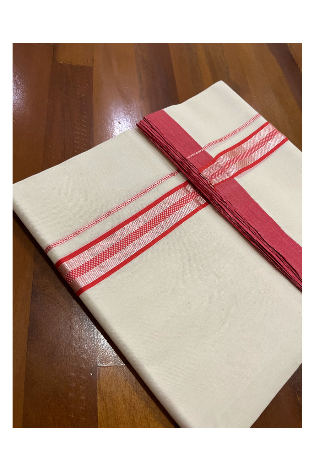 Southloom Premium Unakkupaavu Handloom Wedding Mundu with Red and Silver Kasavu Design Border (South Indian Kerala Dhoti)