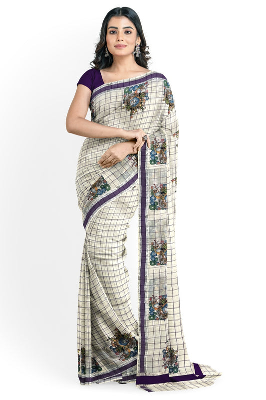 Pure Cotton Purple Check Design Kerala Saree with Krishna Mural Prints and Silver Border