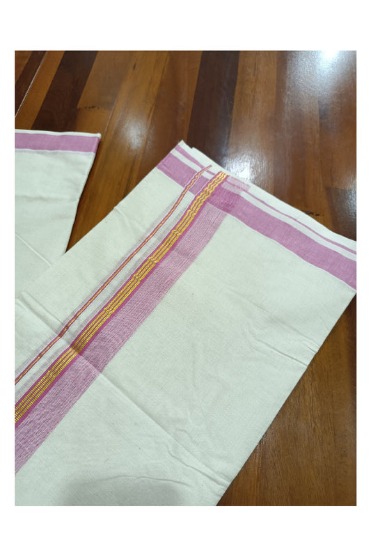 Off White Kerala Double Mundu with Kasavu and Pink Kara (South Indian Dhoti)