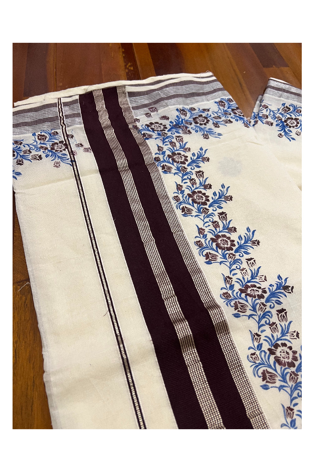 Pure Cotton Kerala Silver Kasavu Saree with Brown and Blue Floral Block Printed Design