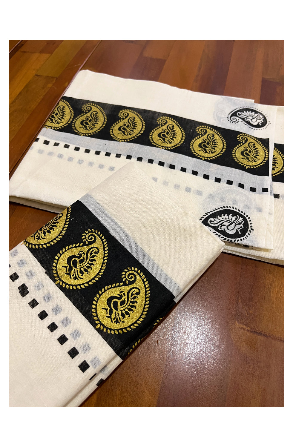 Kerala Cotton Set Mundu (Mundum Neriyathum) with Golden Paisley Block Prints on Black Border 2.80 Mtrs