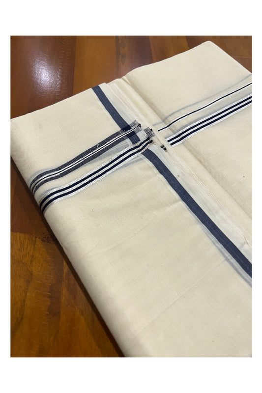 Off White Cotton Mundu with Navy Blue and Silver Kasavu Puliyilakkara Border (South Indian Dhoti)