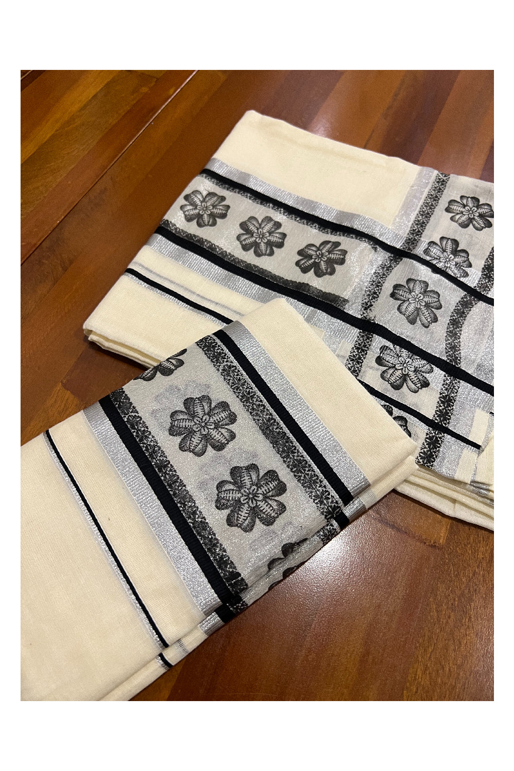 Cotton Silver Kasavu Set Mundu (Mundum Neriyathum) with Black Floral Block Prints on Border