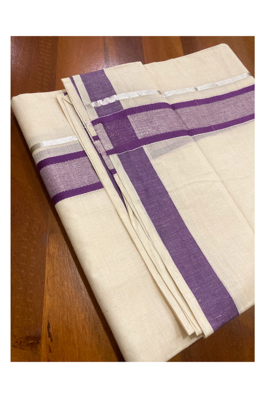 Off White Pure Cotton Double Mundu with SIlver Kasavu and Violet Border (South Indian Kerala Dhoti)