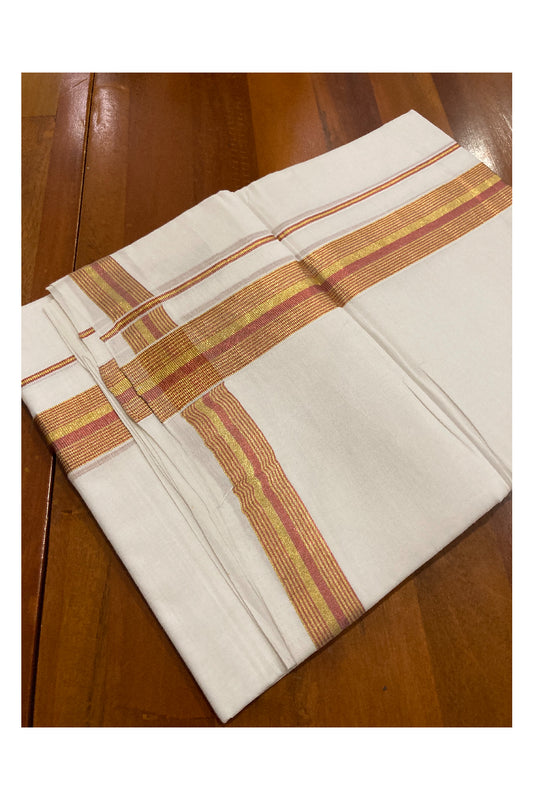 Southloom Premium Handloom Cotton Pure White Mundu with Golden and Red Kasavu Border (South Indian Dhoti)