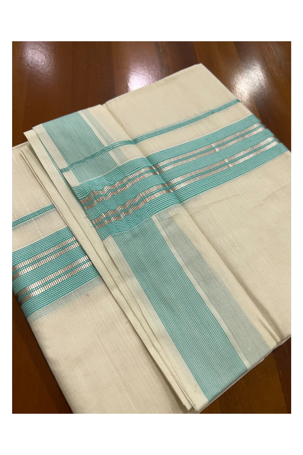 Off White Kerala Double Mundu with Silver Kasavu and Turquoise Line Border (South Indian Dhoti)