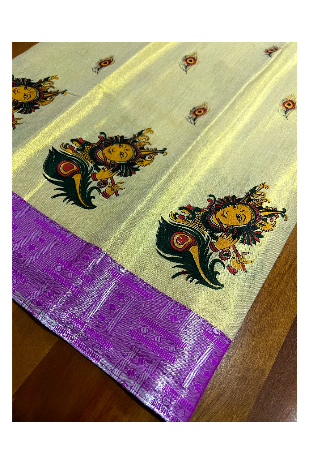 Kerala Tissue Kasavu Mural Printed Pavada and Magenta Designer Blouse Material for Kids 3 Meters