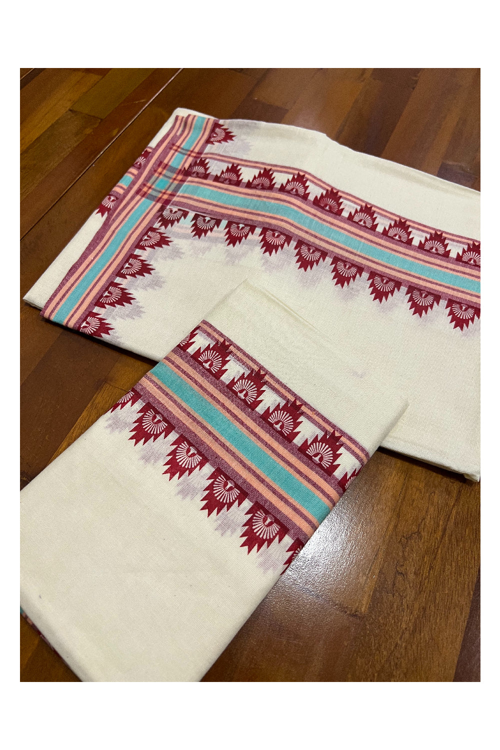 Kerala Cotton Mulloth Mundum Neriyathum Single (Set Mundu) with Brick Red Temple Block Prints on Turquoise and Brick Red Border (Extra Soft Cotton)