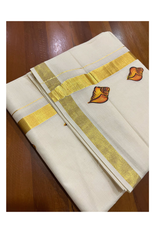 Off White Pure Cotton Double Mundu with Shell Mural Painted Design on Kasavu Kara (South Indian Dhoti)