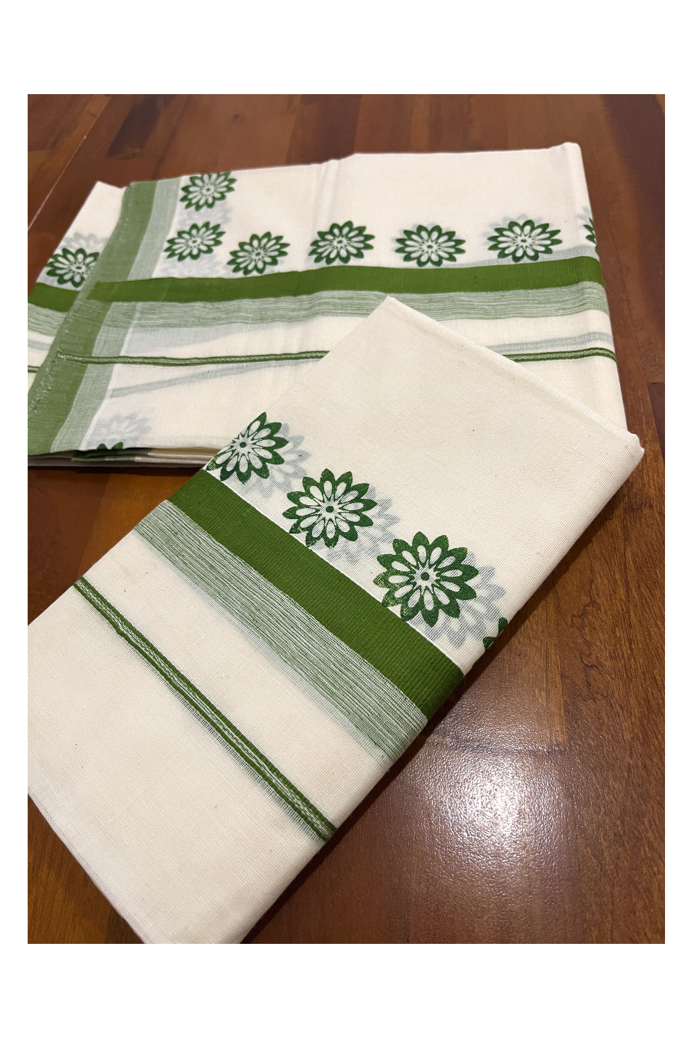 Kerala Cotton Single Set Mundu (Mundum Neriyathum) with Green Floral Block Prints on Border