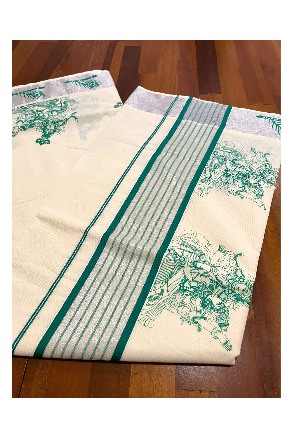 Pure Cotton Kerala Silver Kasavu and Green Border Saree with Krishna Radha Block Prints