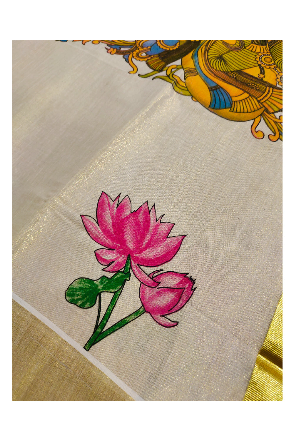 Kerala Tissue Kasavu Saree With Mural Krishna Radha Lotus Design
