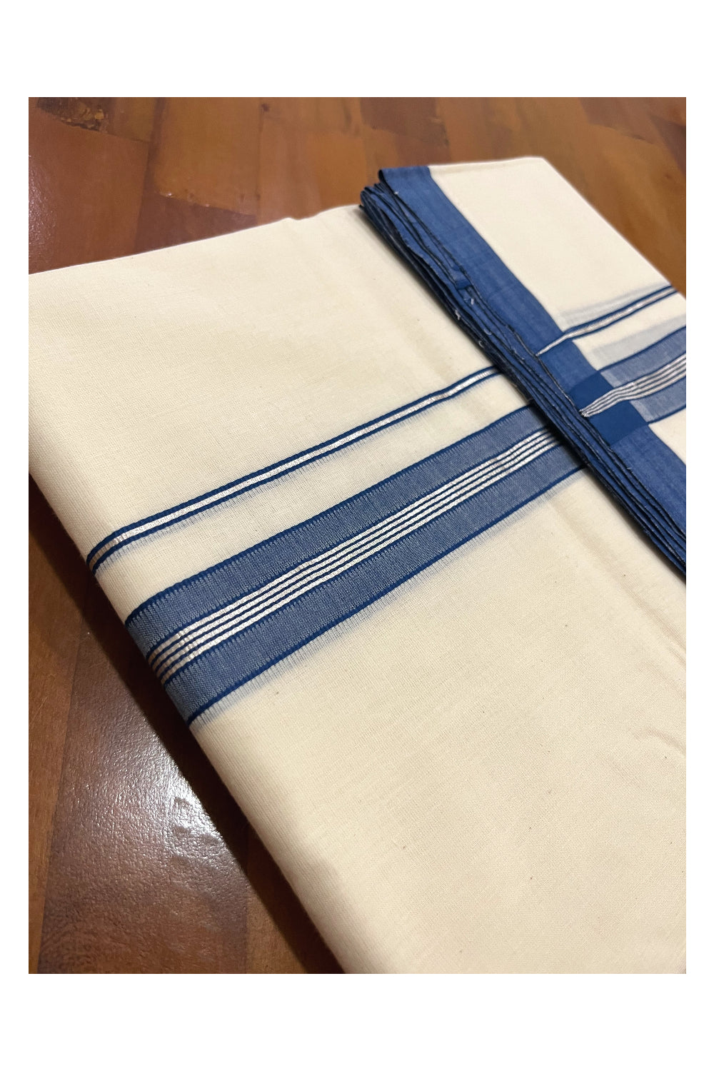 Southloom Premium Handloom Double Mundu with Blue and Silver Kasavu Border