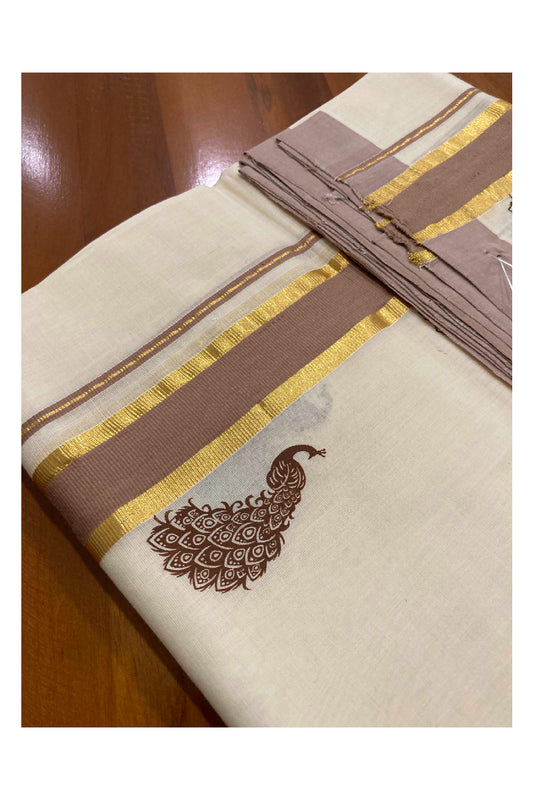 Southloom Balaramapuram Handloom Mundu with Light Brown and Kasavu Printed Border