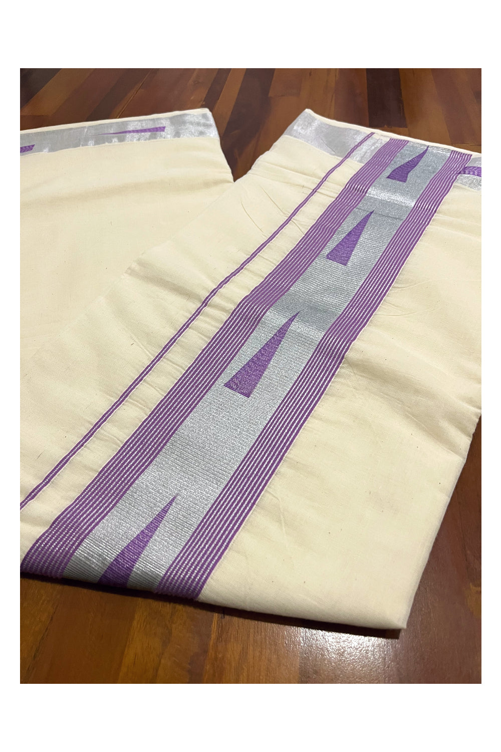 Pure Cotton Kerala Silver Kasavu and Violet Border Saree with Block Prints