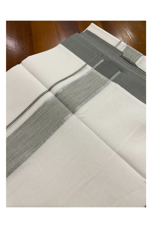 Pure White Kerala Cotton Double Mundu with Silver Kasavu and Grey Border (South Indian Dhoti)