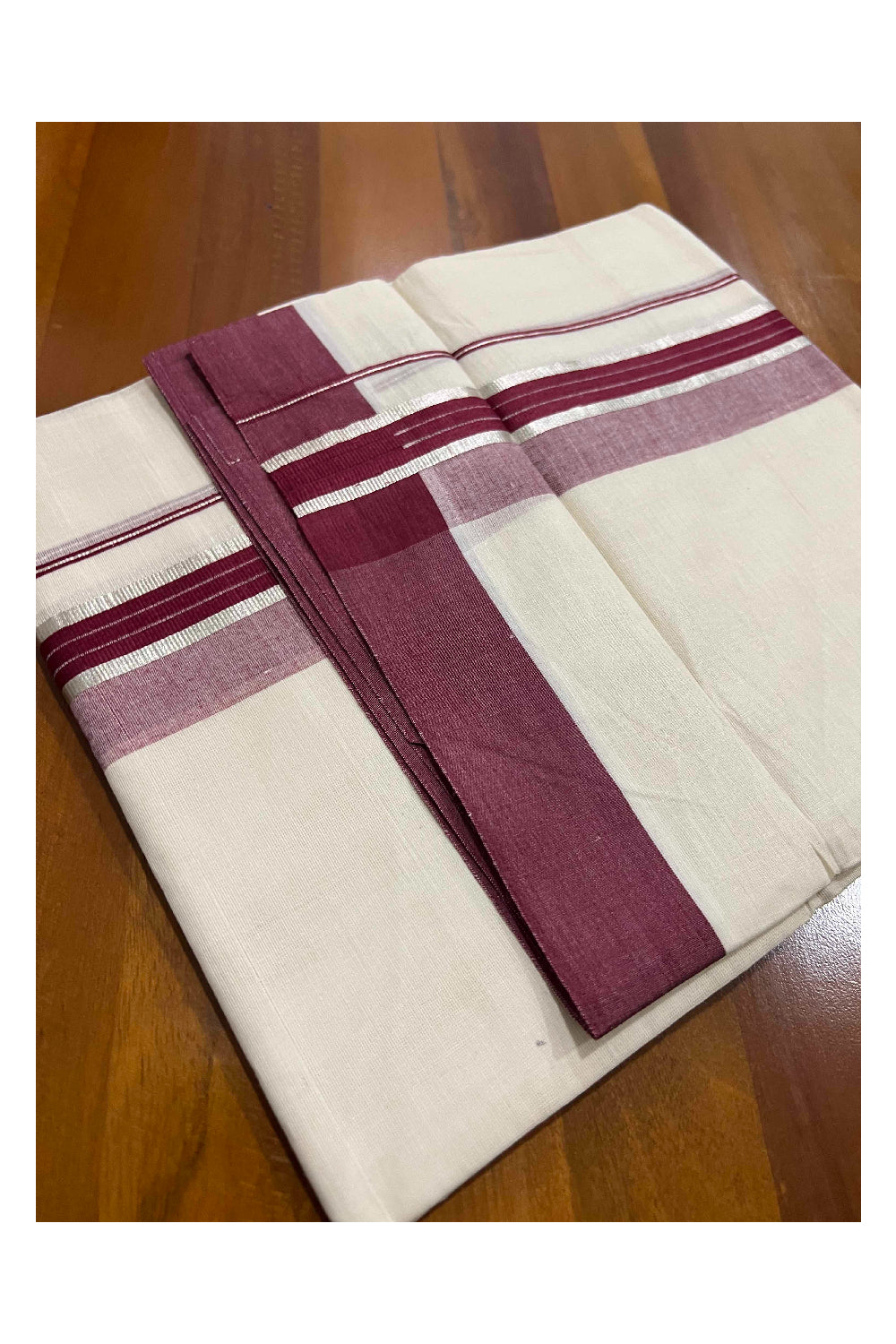 Off White Kerala Double Mundu with Silver Kasavu and Maroon Border (South Indian Dhoti)