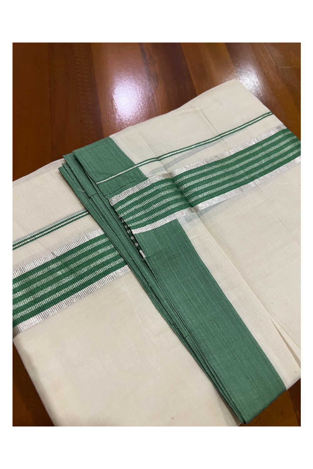 Off White Kerala Double Mundu with Green and Silver Kasavu Lines Border (South Indian Dhoti)