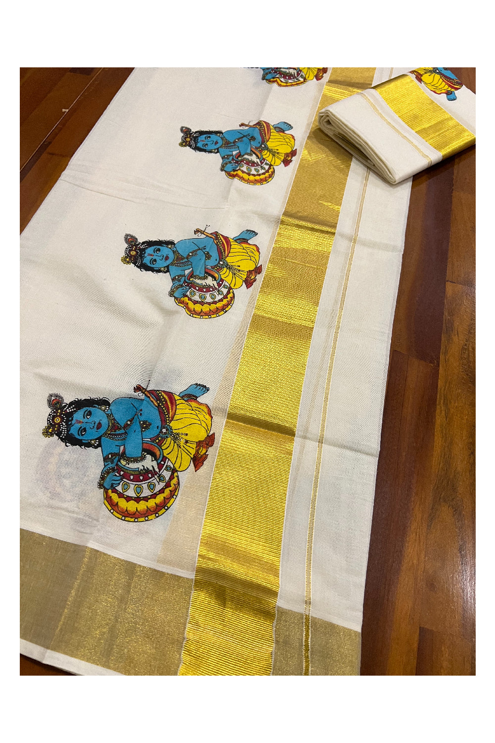 Pure Cotton Kasavu Set Mundu (Mundum Neriyathum) with Baby Krishna Mural Prints on Border 2.80 Mtrs