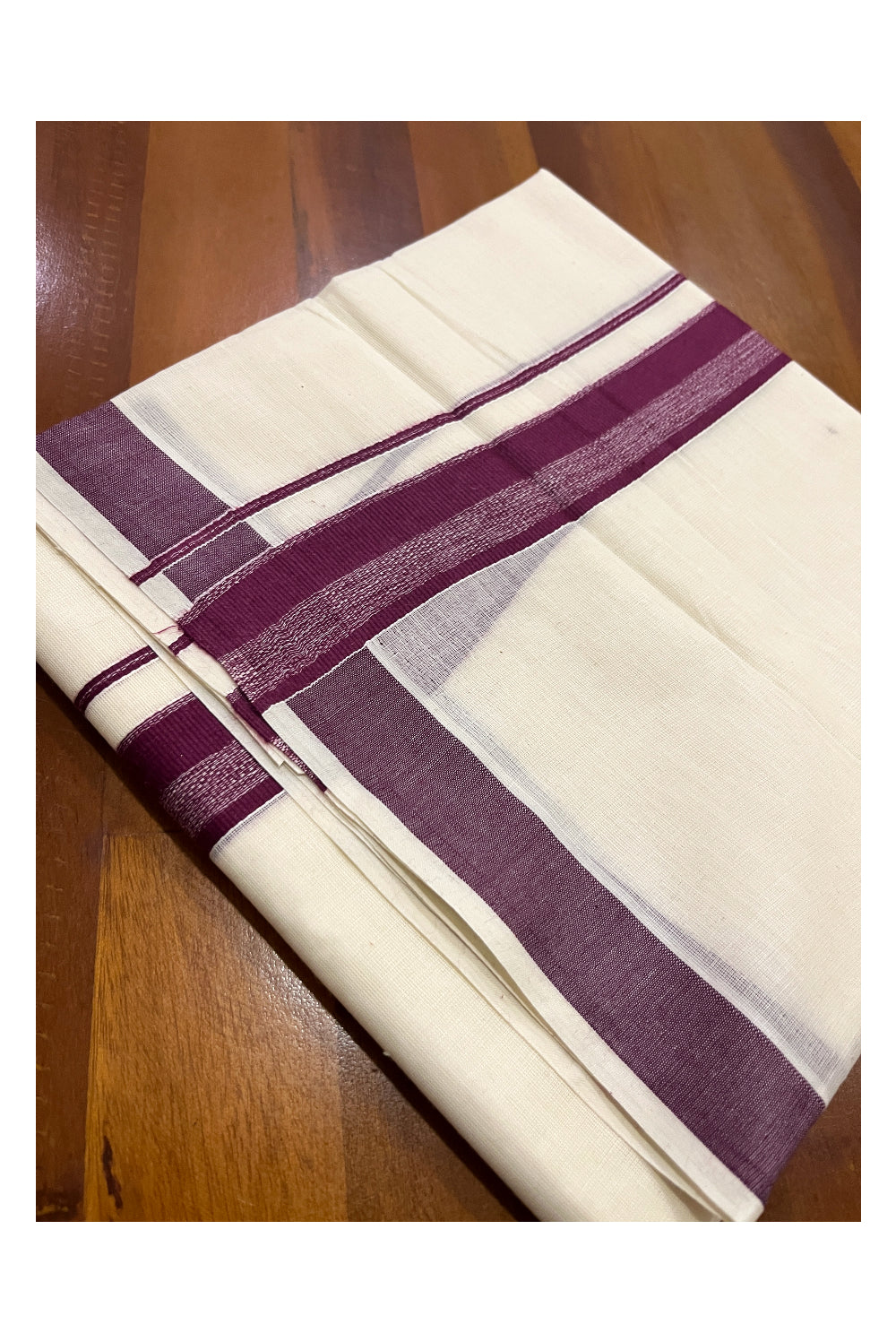 Pure Cotton Double Mundu with Purple Kara (South Indian Kerala Dhoti)