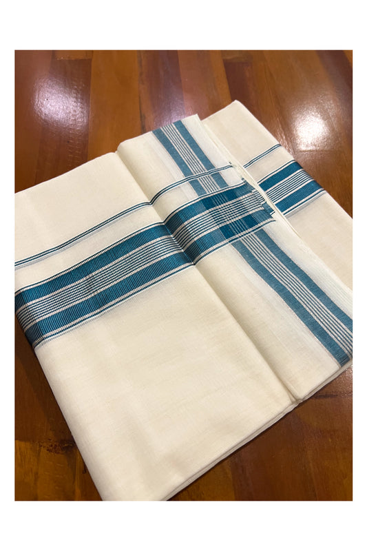 Southloom Premium Handloom Pure Cotton Mundu with Silver and Blue Kasavu Designer Border (South Indian Dhoti)