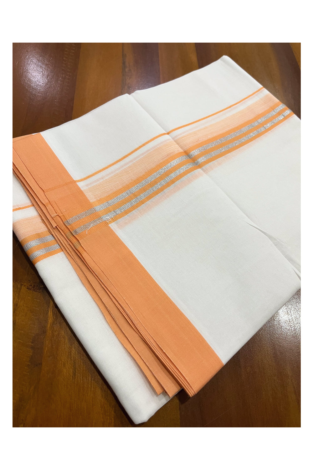 Pure White Cotton Double Mundu with Silver Kasavu and Orange Border (South Indian Dhoti)