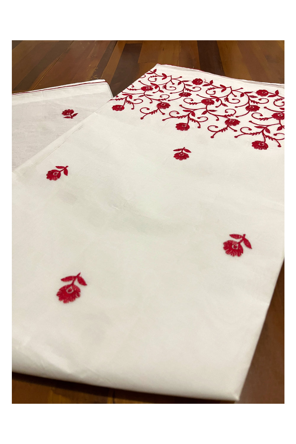 Southloom Cotton Pure White Saree with Designer Red Floral Thread works on Body