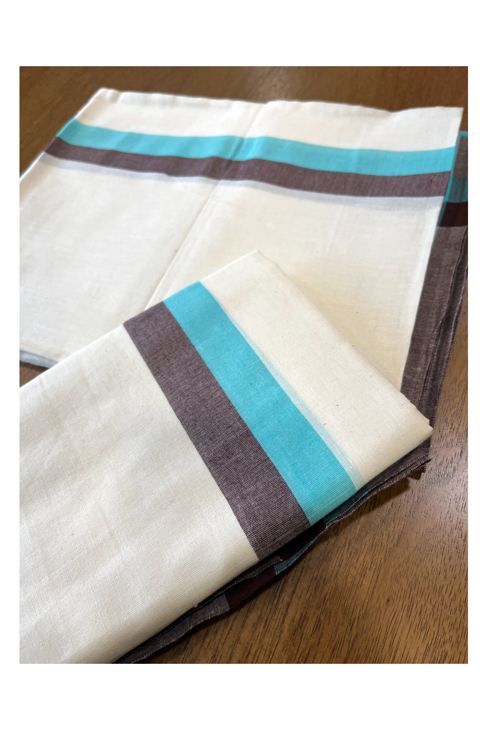 Kerala Cotton Mulloth Mundum Neriyathum Single (Set Mundu) with Turquoise and Brown Border (Extra Soft Cotton) 2.80 Mtrs