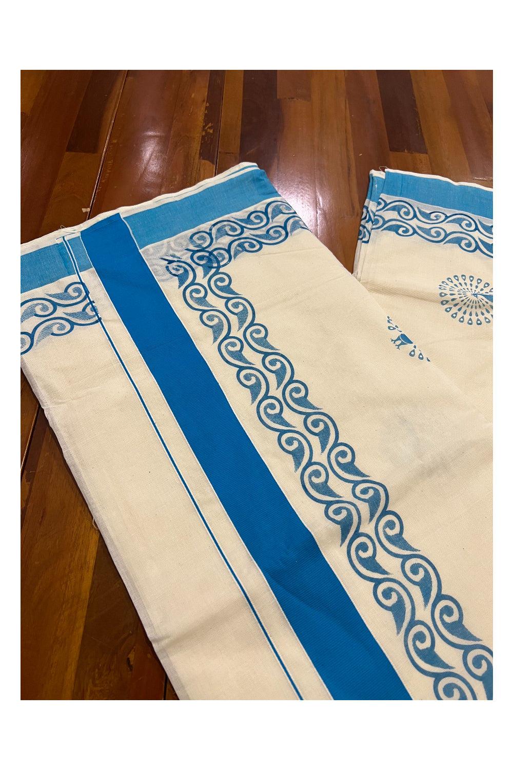 Pure Cotton Kerala Saree with Light Blue Peacock Block Printed Design