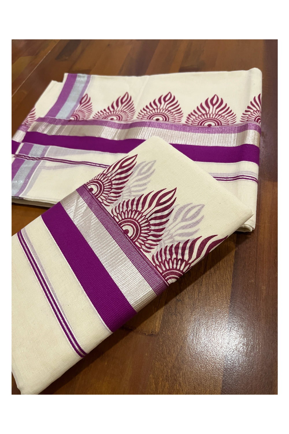 Pure Cotton SIlver Kasavu Single Set Mundu (Mundum Neriyathum Vishu 2023) with Magenta Block Prints 2.80 Mtrs