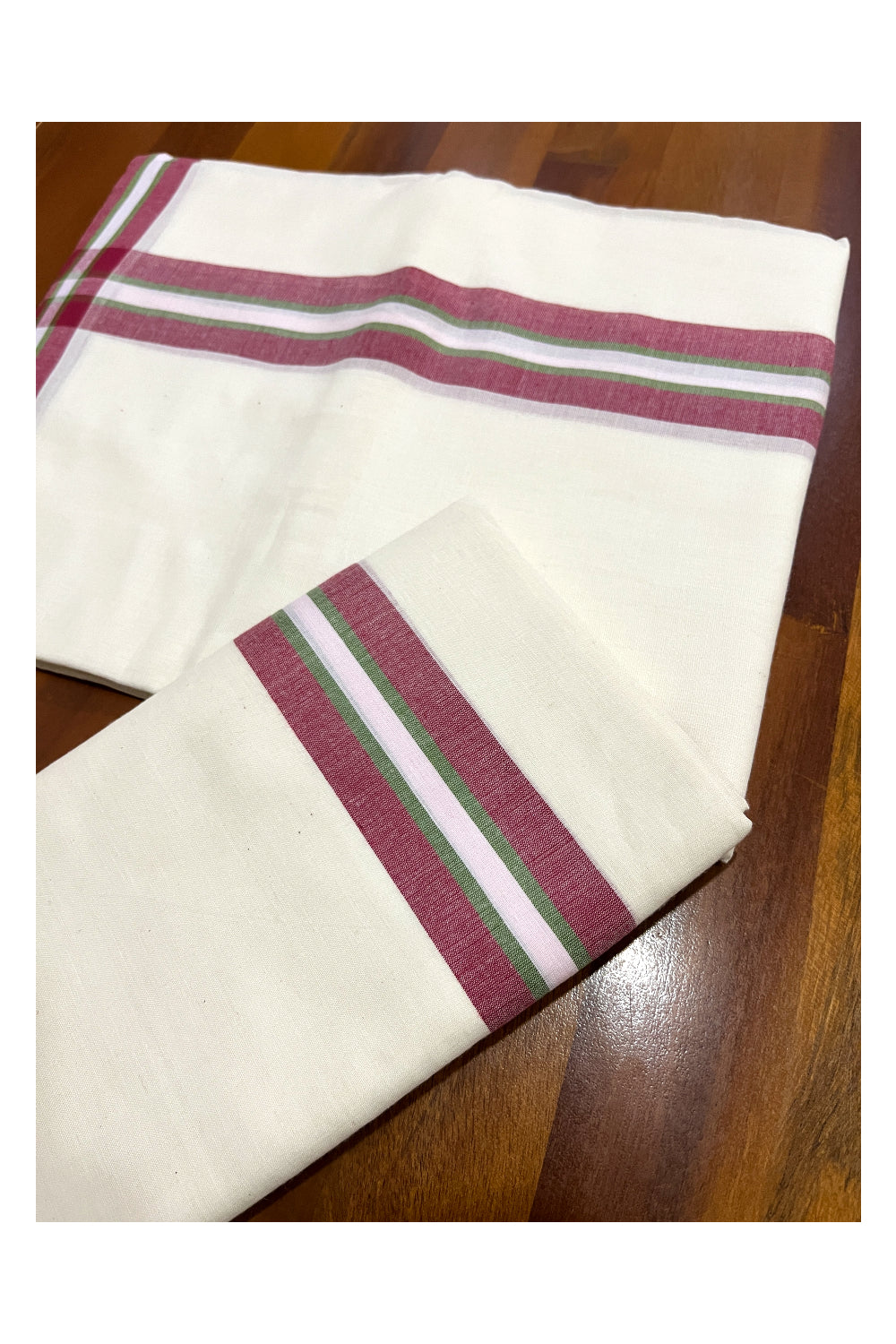 Kerala Cotton Mundum Neriyathum Single (Set Mundu) with Red and Green Mulloth Border (Extra Soft Cotton) 2.80 Mtrs