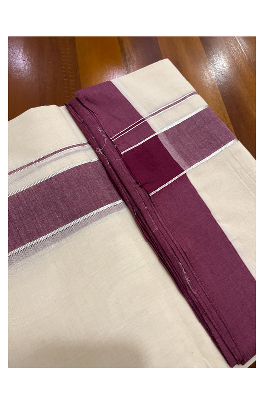 Pure Cotton Off White 100x100 Double Mundu with Silver Kasavu and Maroon Border (South Indian Kerala Dhoti)