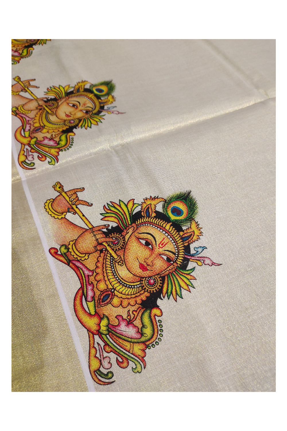 Kerala Tissue Kasavu Onam Saree With Mural Printed Krishna Face Design