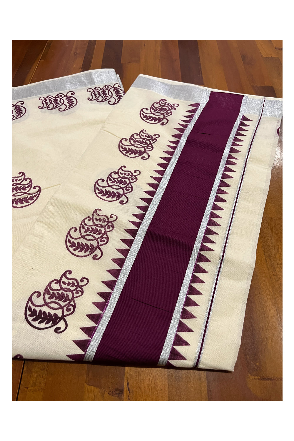 Pure Cotton Kerala Saree with Purple Paisley Block Prints and Silver Kasavu Temple Border (Vishu Saree 2023)